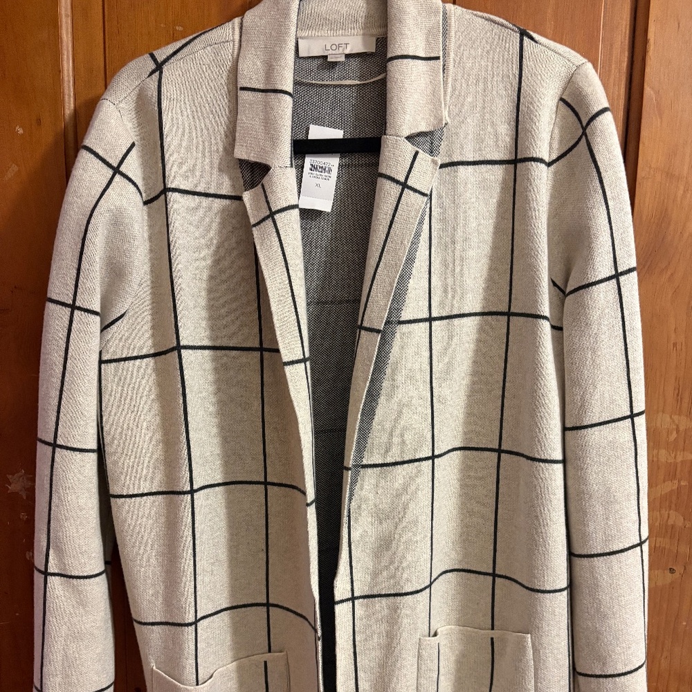 LOFT Windowpane Relaxed Sweater Blazer - NWT Cream & Black - 100% Cotton - XL
